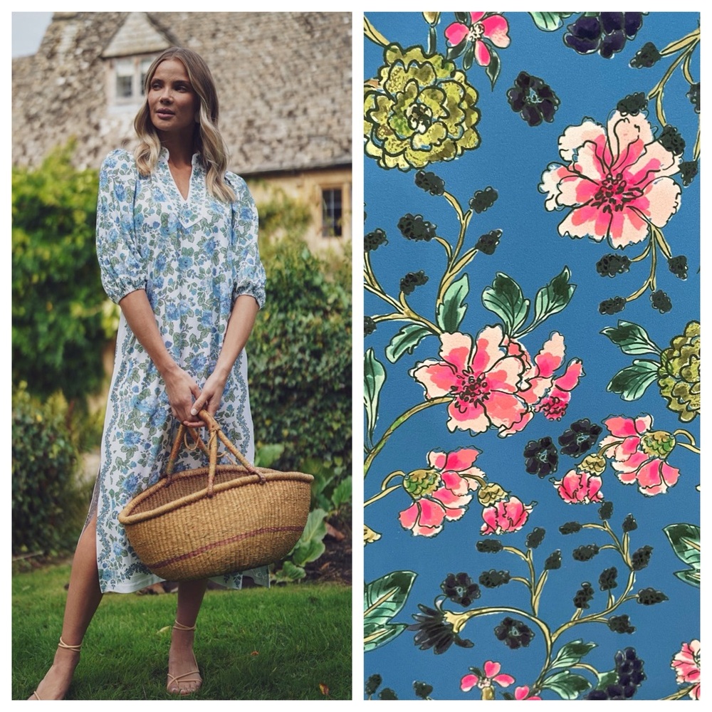 Blue Floral Midi Dress with V-Neck